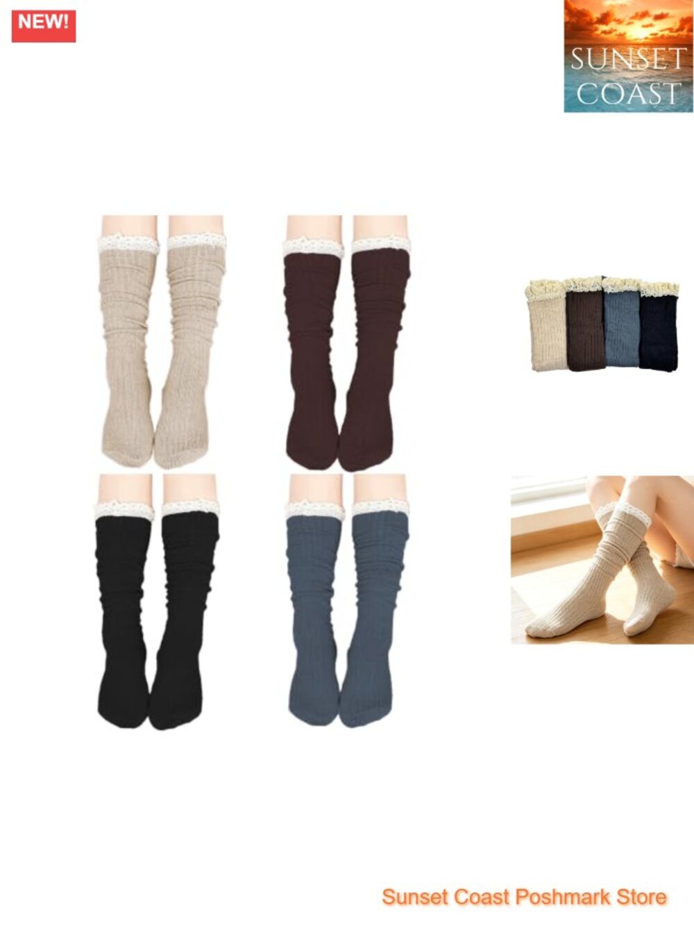 Women's Cotton Knit Knee High Boot Socks with Lace Trim 4 Pairs